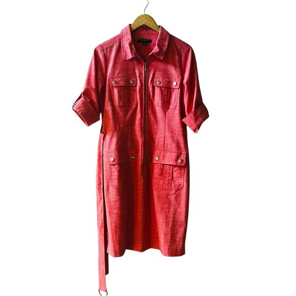 Sharagano Half Zip Belted Roll Tab Sleeve Shift Dress Size 10 Coral - Picture 2 of 8